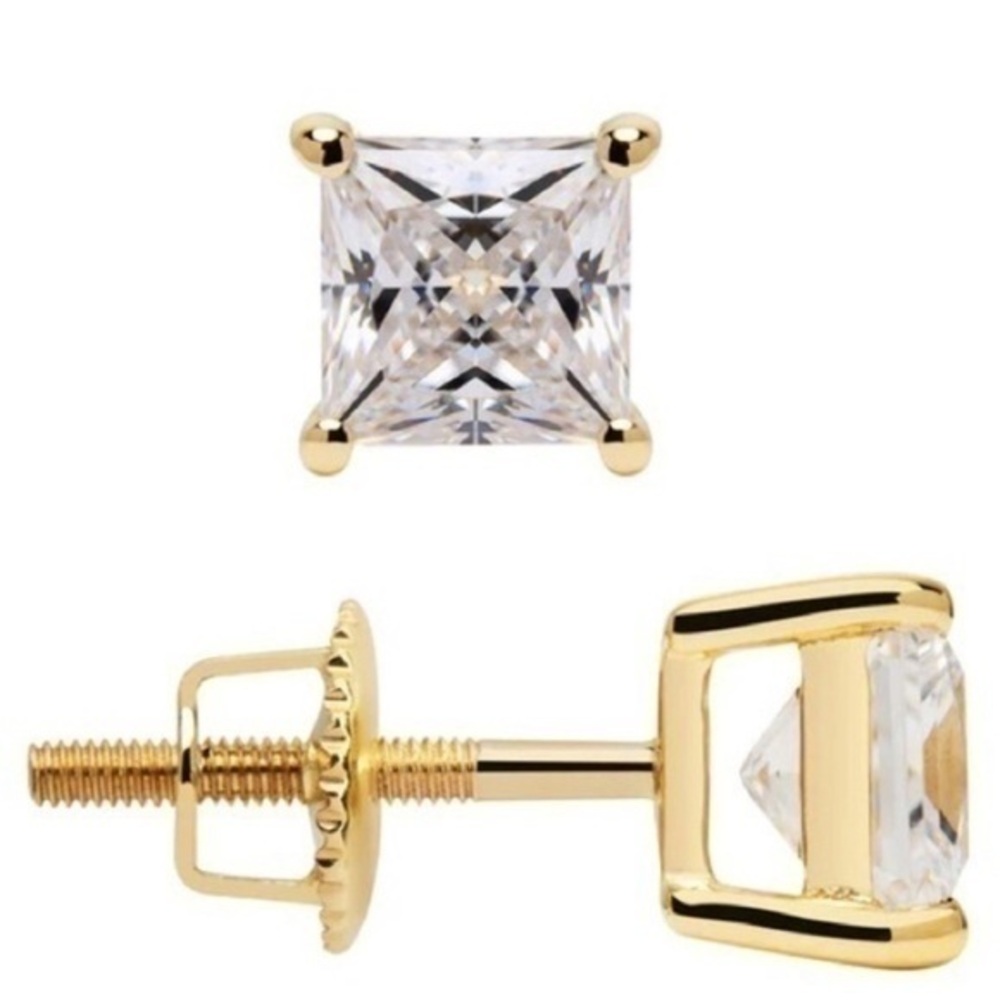 16k Yellow Gold Princess Cut Cubic Zirconia CZ Stud Earrings Unisex 1 CTW